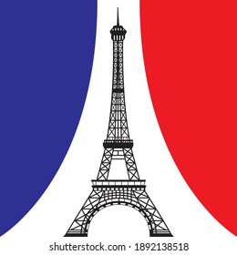 Eiffel tower, Paris. France. Vector Eiffel Tower in front of tricolor french flag curtains. Illustration.