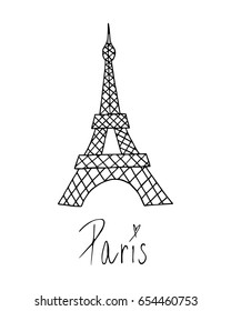 Eiffel tower in Paris, France. Vector illustration doodle drawing of La Tour Eiffel. Isolated on white background with hand writing Paris.