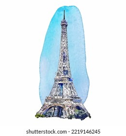 Eiffel tower paris france watercolor hand drawn illustration isolated on white background