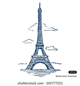 Eiffel tower in Paris. Hand drawn sketch illustration isolated on white background