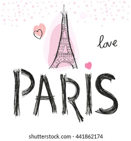 Eiffel tower. Paris hand drawn letter with heart vector illustration