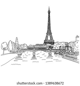 eiffel tower in paris with lamdscape vector illustration sketch doodle hand drawn with black lines isolated on white background