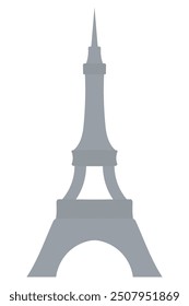 Eiffel Tower. Paris landmark. Color vector illustration. Isolated white background. Volumetric tower made of gray metal. Metal construction with a spire at the end. Idea for web design.