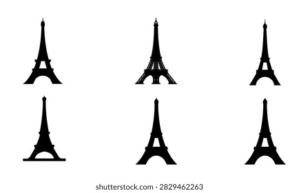Eiffel Tower Paris landmark silhouette and line icon set, France famous architecture isolated on white background vector
