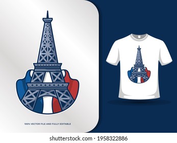 Eiffel Tower Paris landmarks and flag of France illustration with text effect and t shirt design template. vector illustration