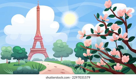 Torre Eiffel en París. Paisaje con hermosa vista de la Francia primaveral. Sol brillante, árboles y flores que crecen. Banner horizontal con un punto de referencia arquitectónico. Dibujo vectorial plano de dibujos animados