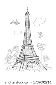 Eiffel Tower in Paris. Linear drawing. Vector line illustration