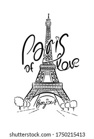 Eiffel Tower in Paris. Linear drawing. Lettering, calligraphy. Vector line illustration. 