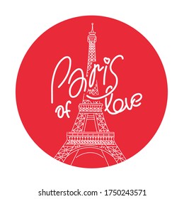 Eiffel Tower in Paris. Linear drawing on a red background. Lettering, calligraphy. Vector line illustration.