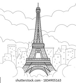 Eiffel Tower in Paris. Linear flat drawing. Vector line illustration