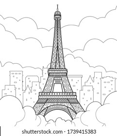 Torre Eiffel en París. Dibujo a mano lineal. Ilustración de la línea del vector.