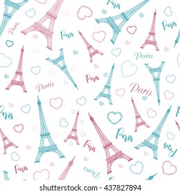 Eiffel tower, Paris, love. Seamless pattern with romantic hearts for invitations, clothing, travel, cards, designs products, bags and accessories