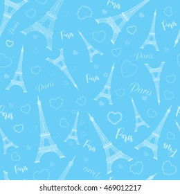 Eiffel tower, Paris, love. Seamless pattern with romantic hearts for invitations, clothing, travel, cards, designs products, bags and accessories