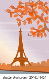 Eiffel Tower in Paris on a background of autumn yellow and red leaves. Urban European landscape in flat cartoon vector.