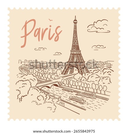 Eiffel Tower in Paris on the background of the city, top view. Paris landmark. Vector linear illustration. Doodle style.