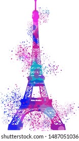 eiffel tower in paris on white, watercolor hand painting with stippling, spray, splashes, rainbow pastels palette