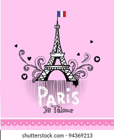 Torre Eiffel en París, postal en estilo doodle de glamour