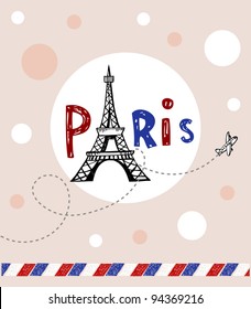 Eiffel tower in Paris, post card in doodle style