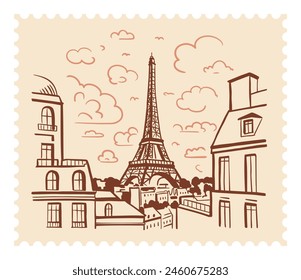 The Eiffel Tower in Paris with a postage stamp in the background of the city. Landmark of Paris. Vector linear illustration. Doodle style