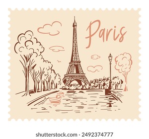 La Torre Eiffel en París con un sello postal al fondo de la ciudad. Lugar famoso de París. Ilustración lineal de Vector. Estilo Doodle