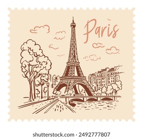 The Eiffel Tower in Paris with a postage stamp in the background of the city. Landmark of Paris. Vector linear illustration. Doodle style