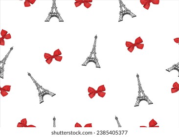 eiffel tower paris red bow vector hand drawn design wallpaper seamless repeating