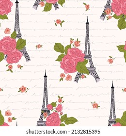 Eiffel Tower Paris with Red Roses and Vintage Writing seamless vector Pattern