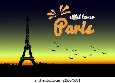 Eiffel tower Paris silhouette in sunset view with flocks of birds. Poster illustration can used for background, social media post, template