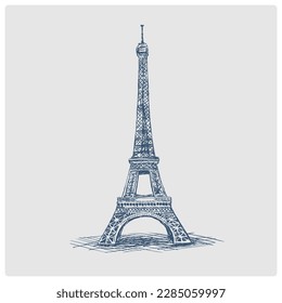 Eiffel Tower in Paris sketch obsolete blue style vector illustration. Old hand drawn azure engraving imitation.