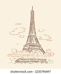 Torre Eiffel en París. Terraplenes y tranvía fluvial. Ilustración de línea de vector