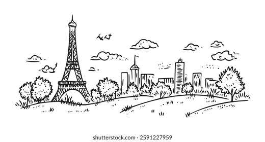 eiffel tower and paris skyline with trees in sketch style