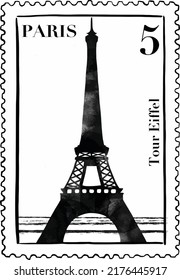 Eiffel tower Paris stamp black and white vector art watercolour 