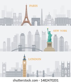 Eiffel Tower Paris, Statue of Liberty New York, Big Ben London, Landmarks Background, Famous Place and Tourist Attraction