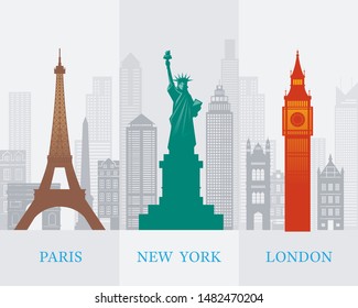 Eiffel Tower Paris, Statue of Liberty New York, Big Ben London, Landmarks Background, Famous Place and Tourist Attraction