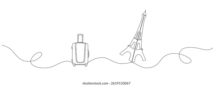 Eiffel tower of Paris with suitcase one continuous line. Travel Concept . France landmark in simple linear style. Continuous editable vector outline