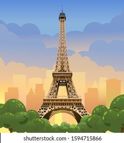 Eiffel Tower in Paris. Sunset on the Champs Elysees. Evening Paris.  Tourist place. Sunset in france. Vector illustration