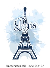 Torre Eiffel y texto de París sobre fondo de color azul. Impresión para camisetas, afiches, vectores	
