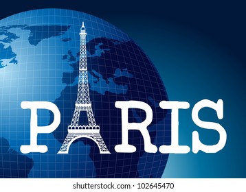 eiffel tower with paris text over blue planet. vector illustration