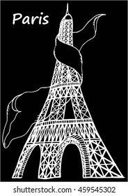 Eiffel Tower in Paris vector illustration, hand drawn famous french landmark silhouette on a white background