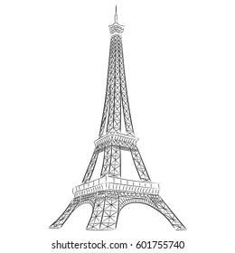 Eiffel Tower in Paris vector illustration, hand drawn famous french landmark silhouette on a white background
