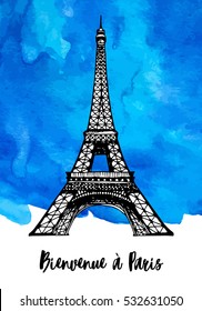Eiffel Tower in Paris, vector watercolor illustration, hand drawn famous french landmark silhouette on blue watercolour splash