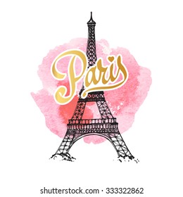 Eiffel tower parisian symbol. Hand drawn vector greeting card