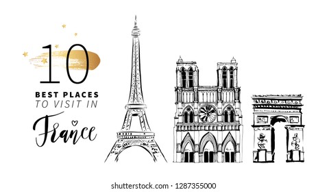 Eiffel Tower, Parvis Notre-Dame and Arc de Triomphe hand drawn vector illustration. Best places to visit in France, Paris. Travel concept design. Black and white art.