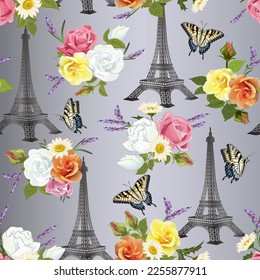 Eiffel Tower in a pattern.Vector pattern with bouquets of flowers and the Eiffel Tower on a colored background.