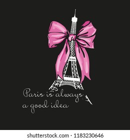 Eiffel tower with pink bow. Vector illustration . Isolated items
