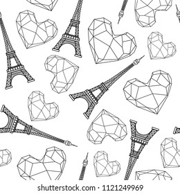 Eiffel tower and polygonal hearts seamless pattern. Vector illustration.