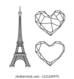 Eiffel Tower and polygonal hearts vector set.