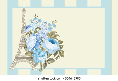 Eiffel tower post card design. Template of vintage post card with eiffel tower and flowers. Vector illustration.