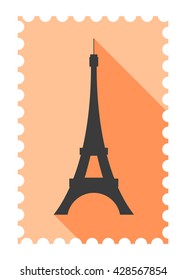 Eiffel Tower post stamp - long shadow, flat design