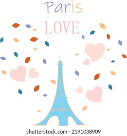 Eiffel Tower poster illustration, with autumn leaves and words of love